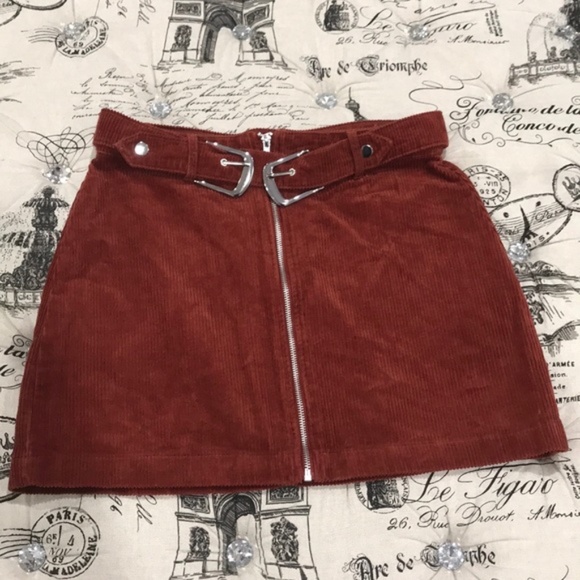 TOPSHOP Rust Corduroy Double Buckle Mini Skirt - Picture 2 of 7